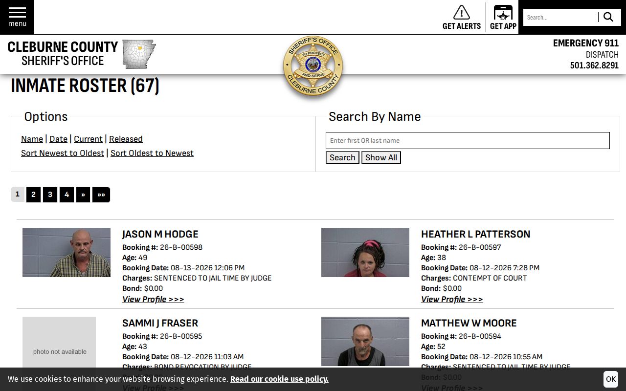 Cleburne County current jail roster and booking record search