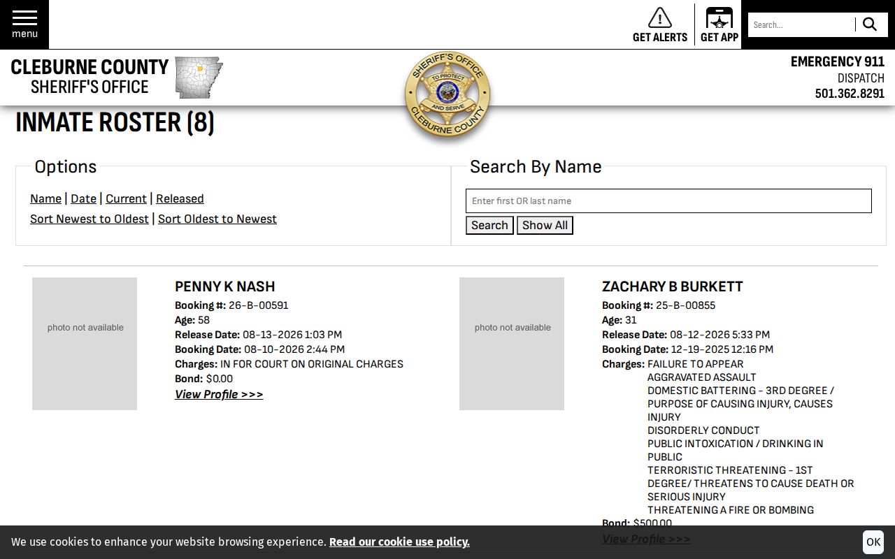 Cleburne County recent release booking record search view
