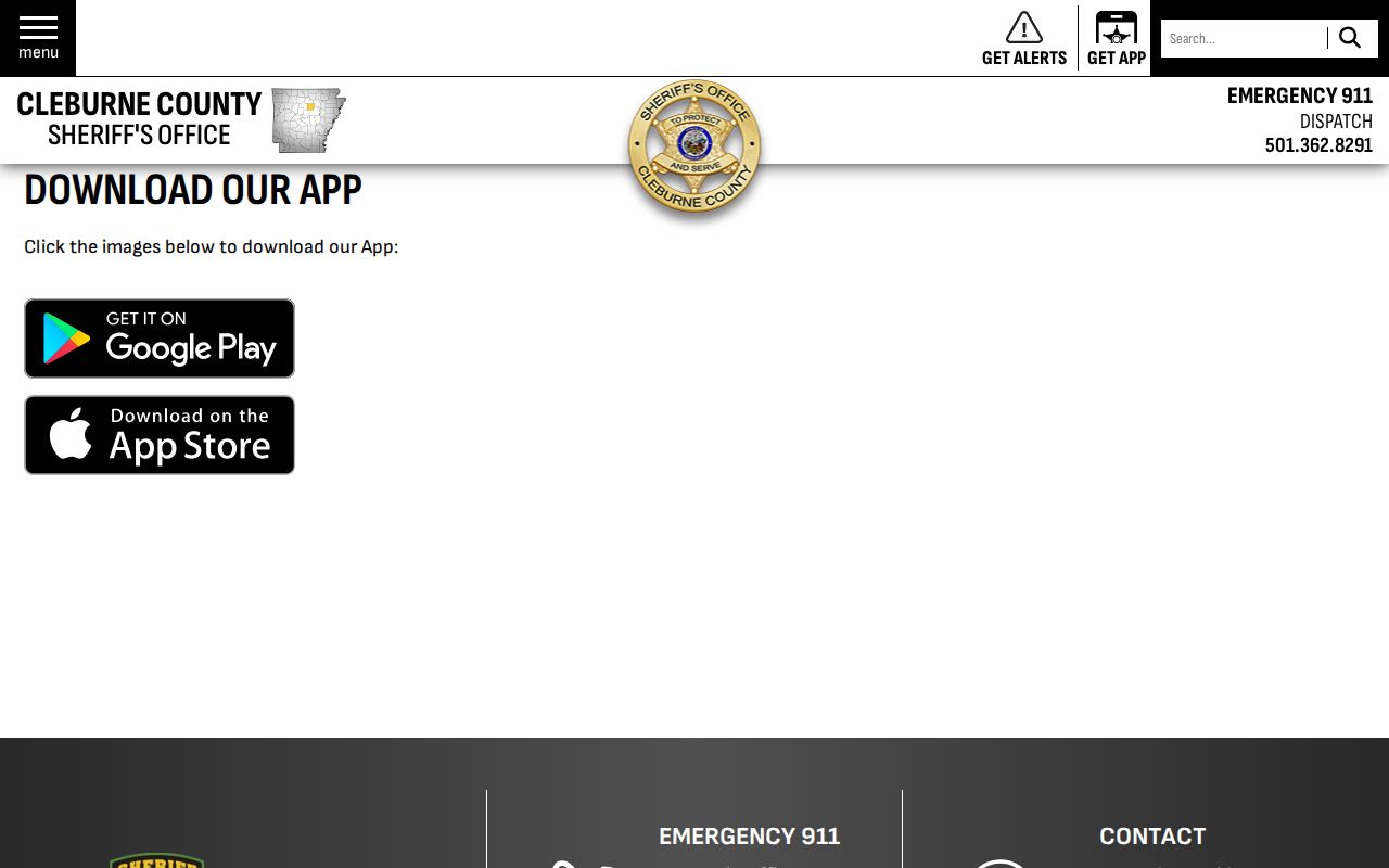 Cleburne County Sheriff app page with most wanted and record tools